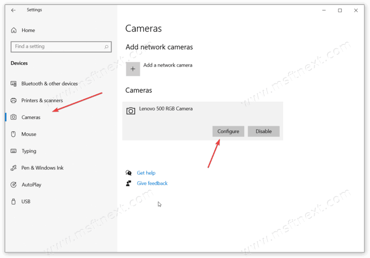 Reset webcam settings  - Configure button
