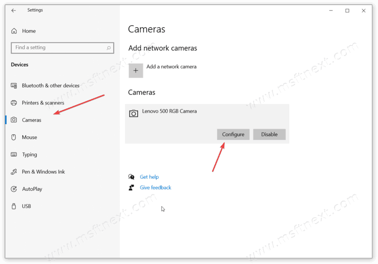 Configure button for camera settings