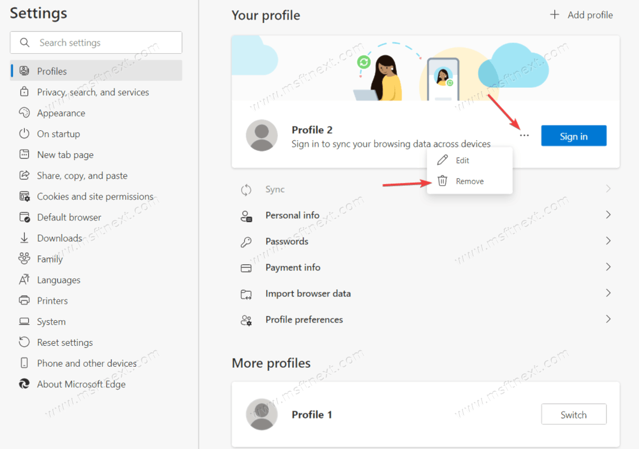 Delete a profile in Microsoft Edge