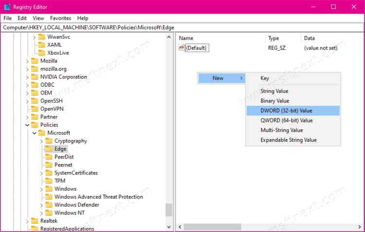 Edge Policy Registry Key New Dword