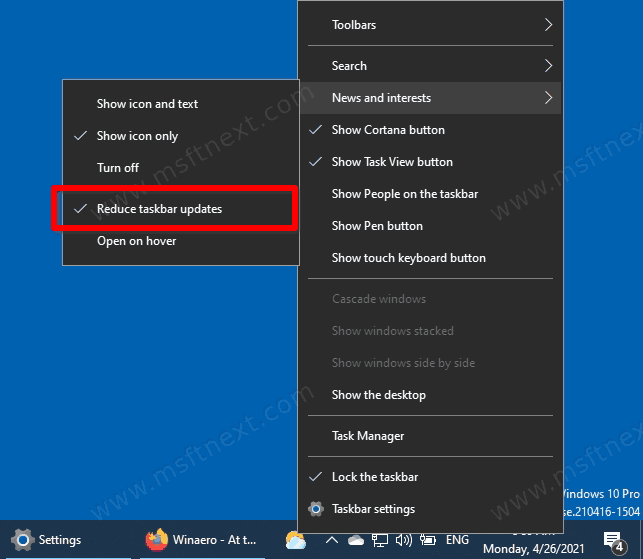 Reduce updates of the News and Interests panel in Windows 10