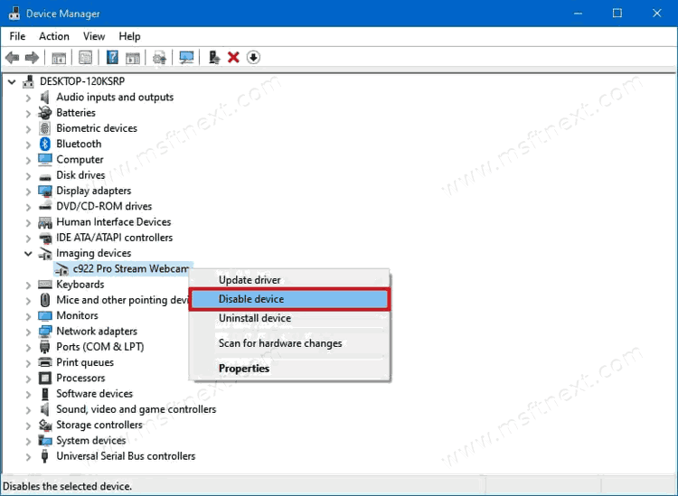 Device Manager Disable Webcam