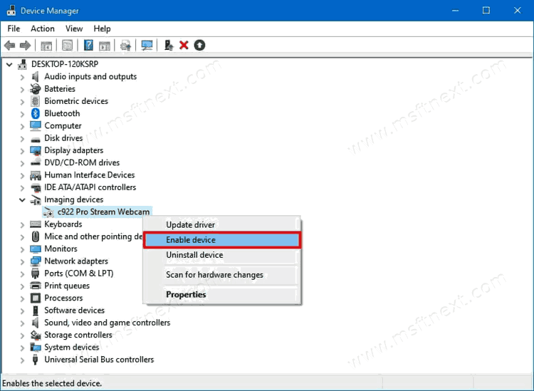 Device Manager Enable Webcam