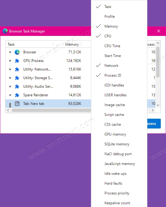 Edge Browser Task Manager Customize Columns