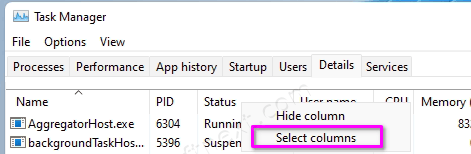 Task Manager Select Columns