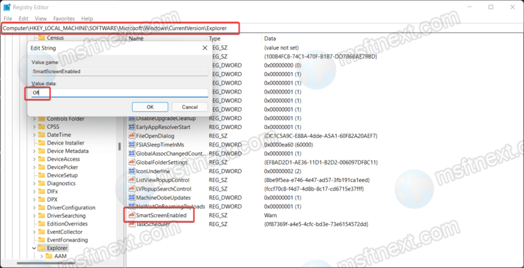 Disable Windows SmartScreen on Windows 11 using Registry Editor