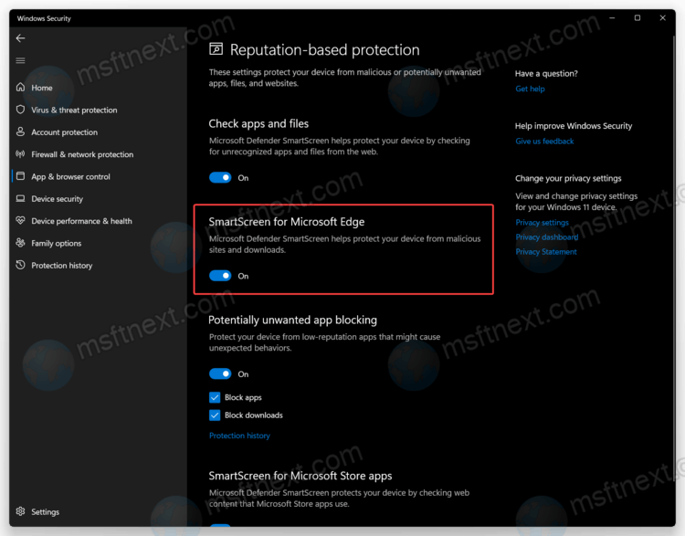 Toggle-off SmartScreen for Microsoft Edge