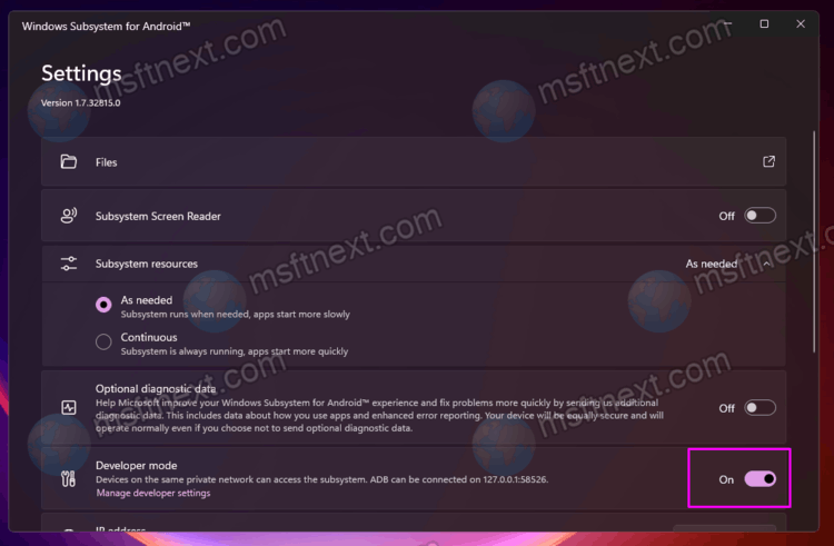 Windows Android Subsystem Enable Developer Mode
