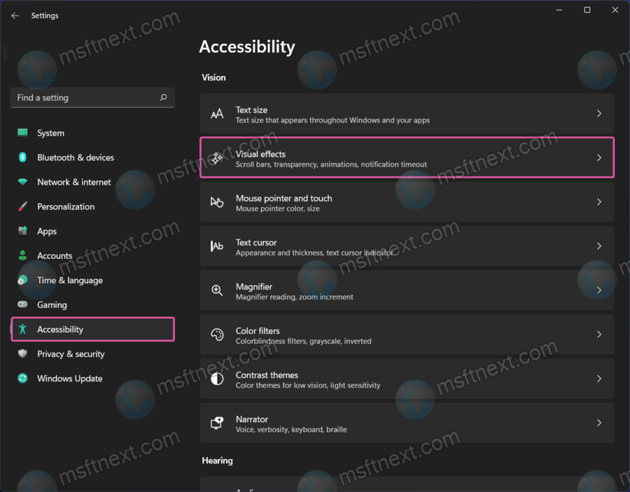 Visual Effects settings