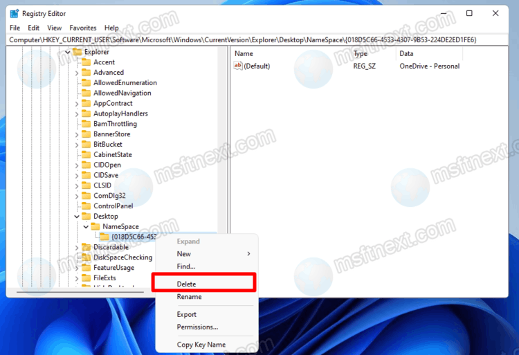 Delete The {018D5C66 4533 4307 9B53 224DE2ED1FE6} Subkey To Hide Onedrive From Explorer