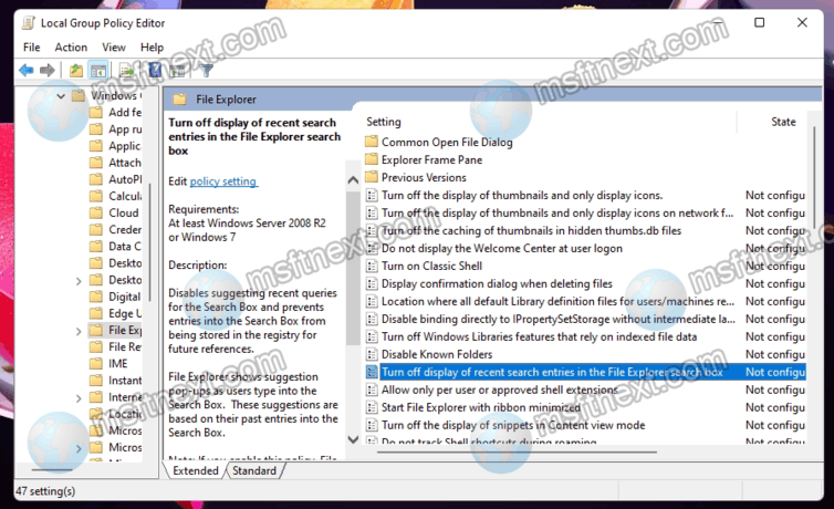 Turn off display of recent search entries in the File Explorer search box