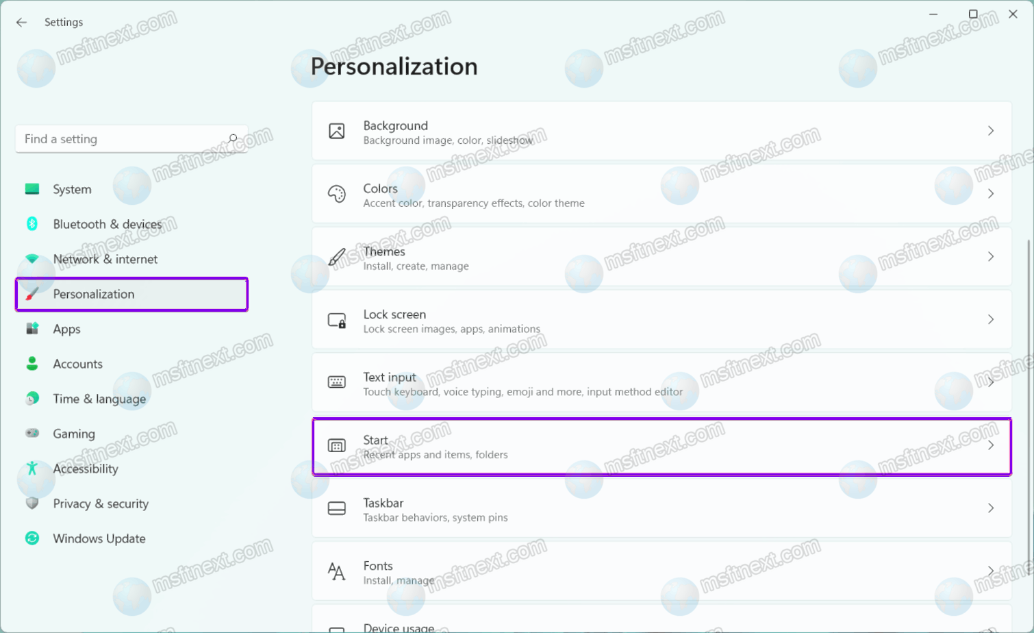 Go to 'Personalization'> 'Start'