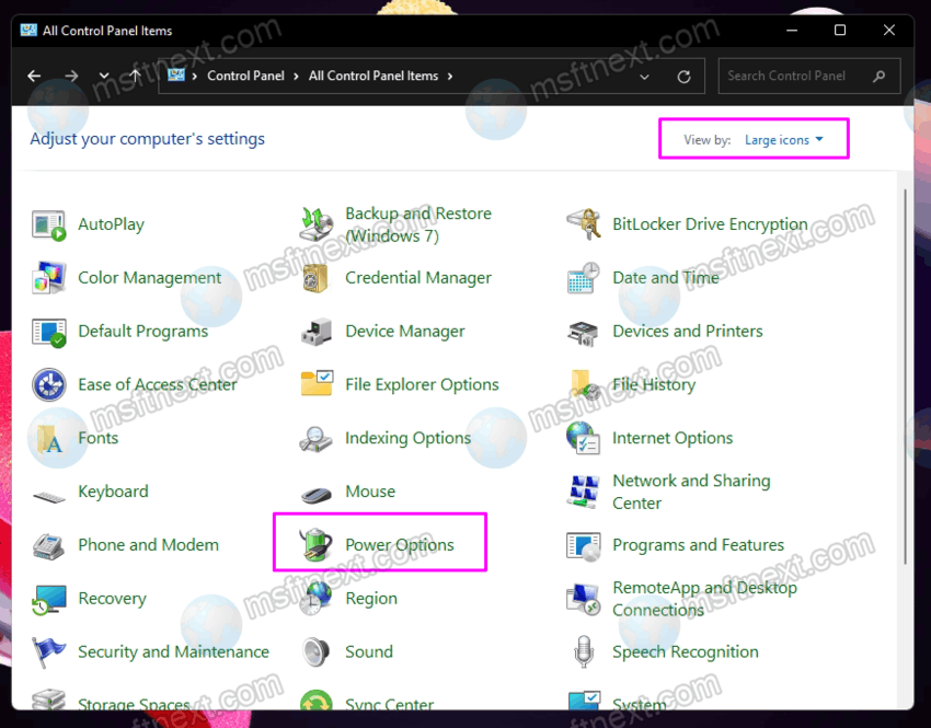 Control Panel Power Options