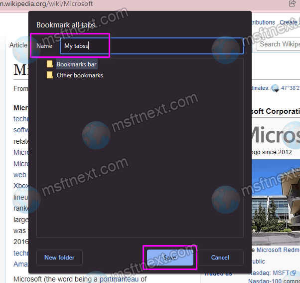 Create a new folder for bookmarks