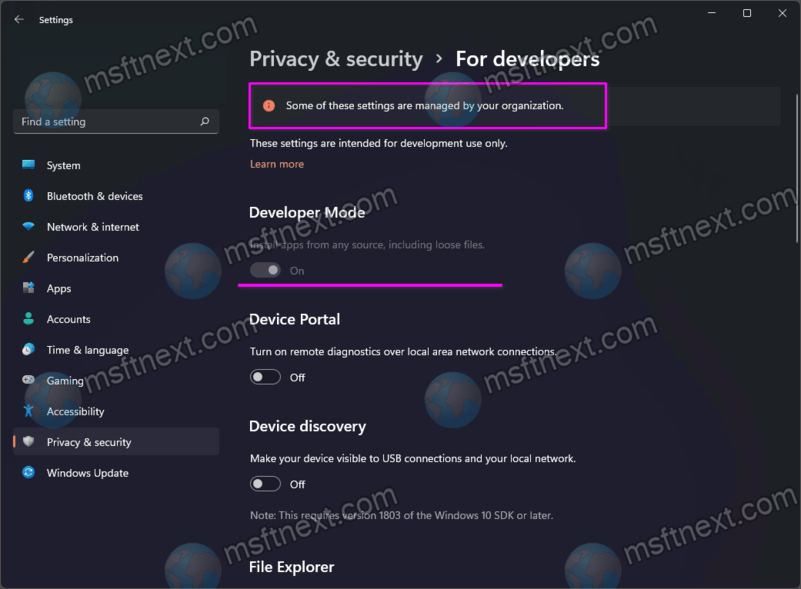 Developer Mode enabled with Group Policy