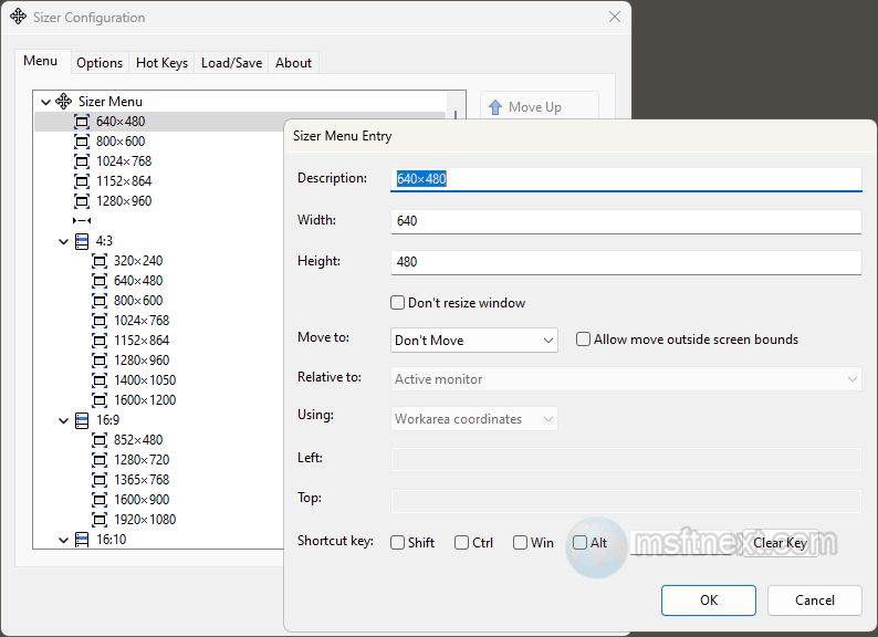 window size template in Sizer