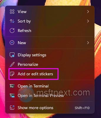 Windows 11 Add or Edit Stickers Menu