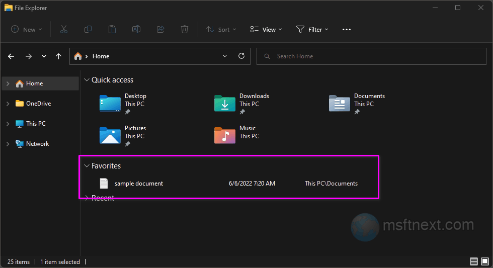 Windows 11 Favorites in the Home folder