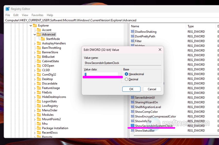enable seconds in system tray clock in registry