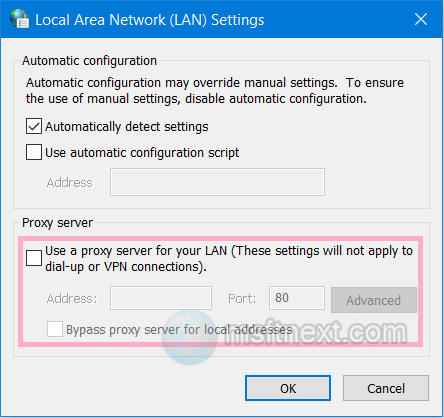 Use a proxy server for your LAN option