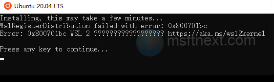 WslRegisterDistribution failed with error
