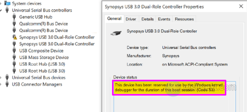 device reserved for kernel debugger code 53