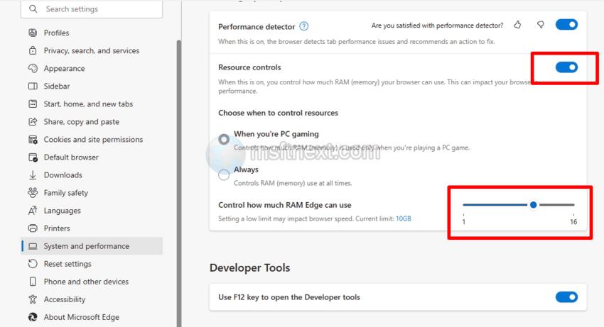 How to enable RAM limiting option in Edge